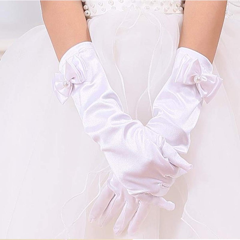 AUHOKY 4 Pairs Little Girls Long Elbow Length Formal Gloves, Age 3-8 (White) - Image 2
